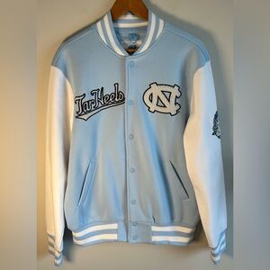 UNC Tar Heels Varsity Bomber Jacket Size L Blue & White Embroidered Patches